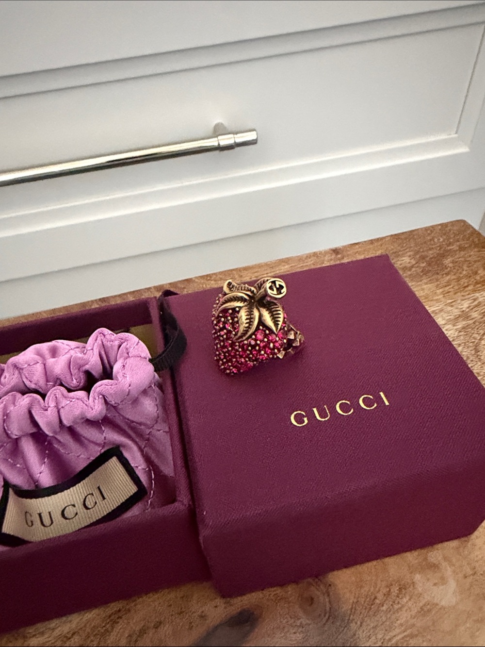 Gucci Gold-Tone Strawberry Ring with Pink/Red Crystals